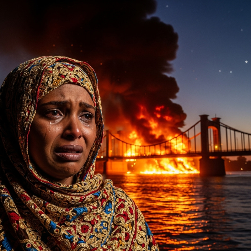 Sudanese Woman in Traditional Clothes in Distress at River Nile Sudanese Woman in Traditional Clothes in Distress at River Nile