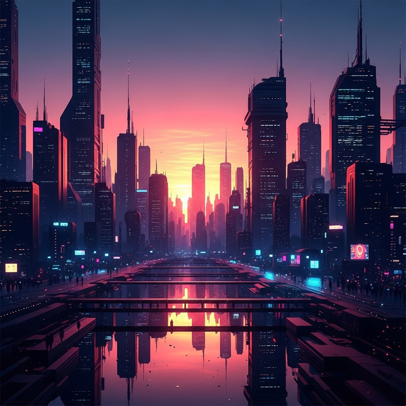Vibrant Neon Cityscape at Sunset - Syd Mead Inspired Cyberpunk Art Vibrant Neon Cityscape at Sunset - Syd Mead Inspired Cyberpunk Art