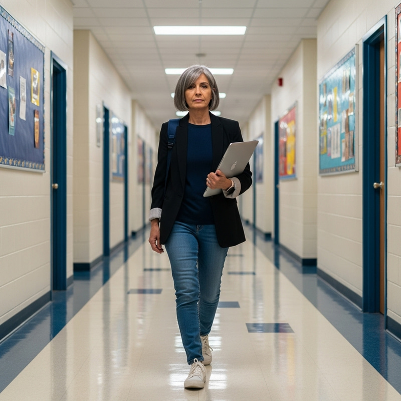 History and Geography Teacher in Jeans and Black Blazer | White Sneakers | Short Grey Hair | 55 Years Old History and Geography Teacher in Jeans and Black Blazer | White Sneakers | Short Grey Hair | 55 Years Old