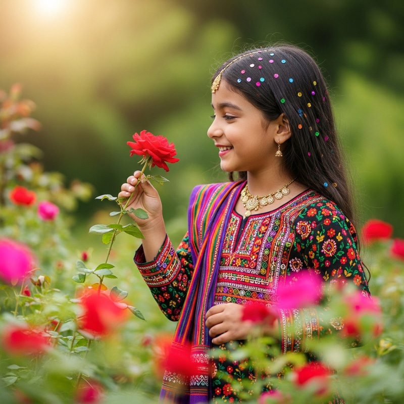Radiant South Asian Girl with Red Rose in Lush Garden Radiant South Asian Girl with Red Rose in Lush Garden
