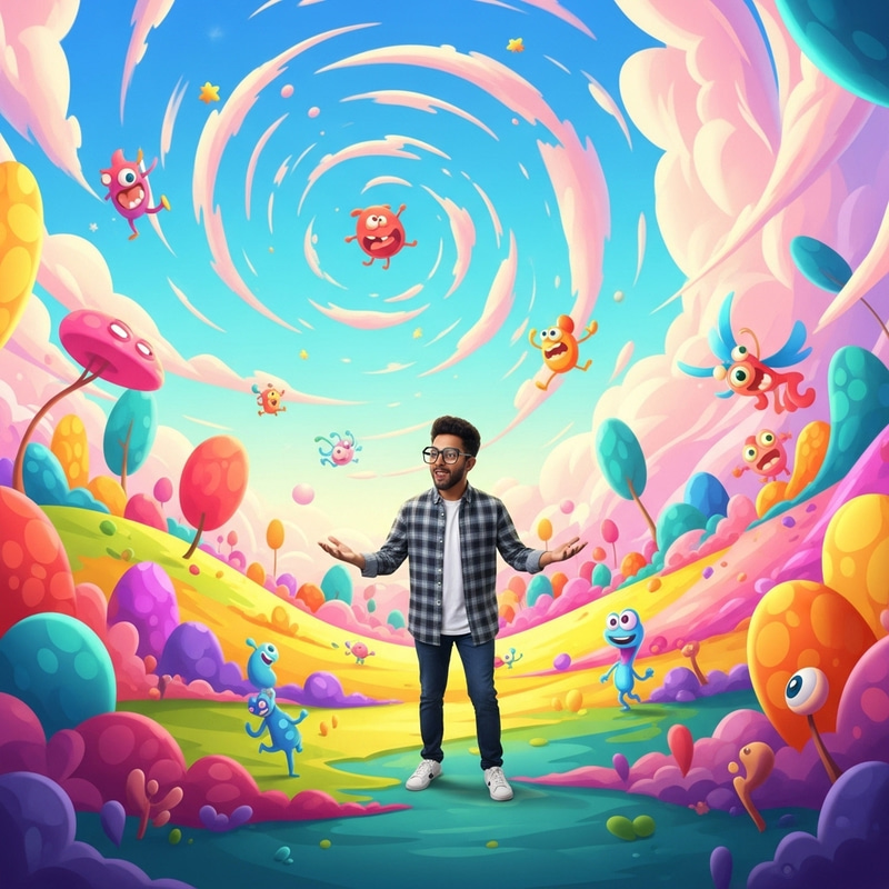 Colorful Cartoon Landscape with South Asian Man in Modern Glasses