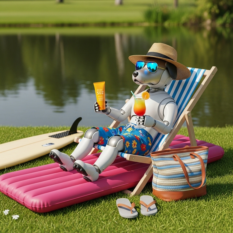 Robotic Dog Relaxing by Pond with Beach Accessories Robotic Dog Relaxing by Pond with Beach Accessories