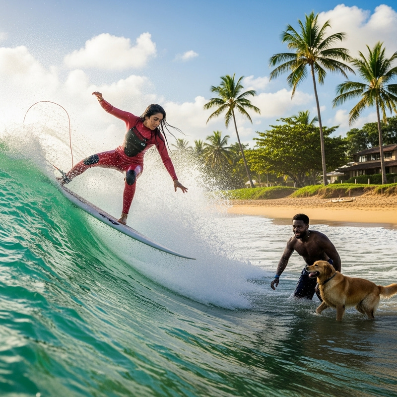 Surfer Riding Turquoise Wave in Red Wetsuit