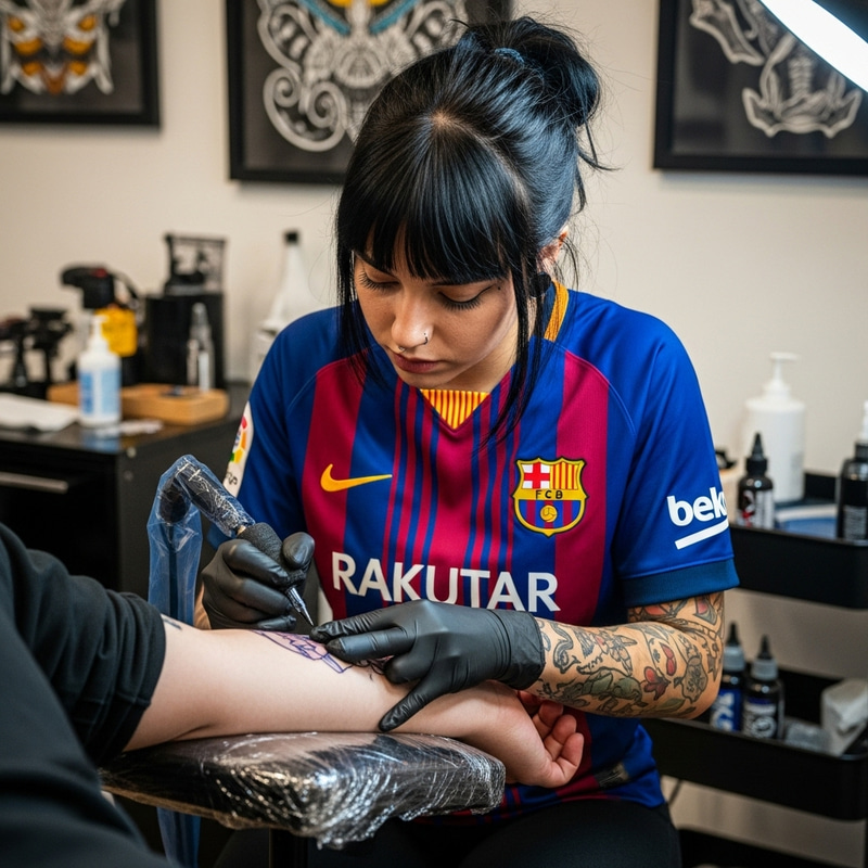 Young Woman Black Hair Tattoo Artist in Barcelona FC Jersey Young Woman Black Hair Tattoo Artist in Barcelona FC Jersey