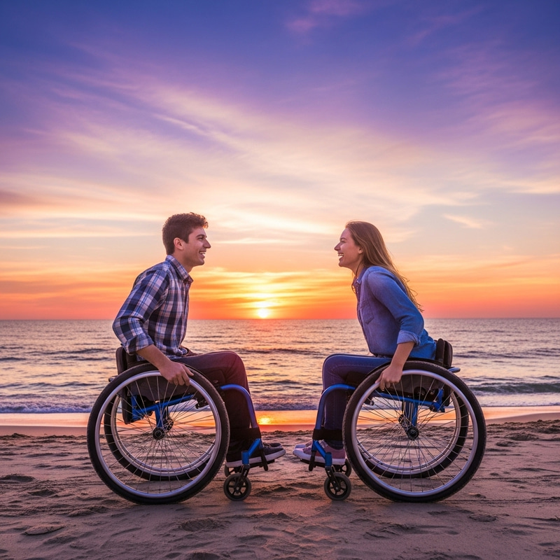 Wheelchair Couple's Romantic Beach Date at Sunset Wheelchair Couple's Romantic Beach Date at Sunset