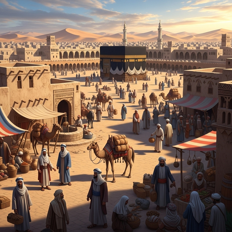 Makkah in 7th Century: Classic Arabian Scene with Horses and Camels