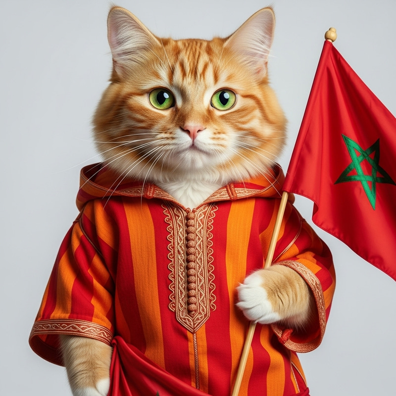 Fluffy Ginger Cat in Traditional Moroccan Outfit | Vibrant Djellaba & Flag