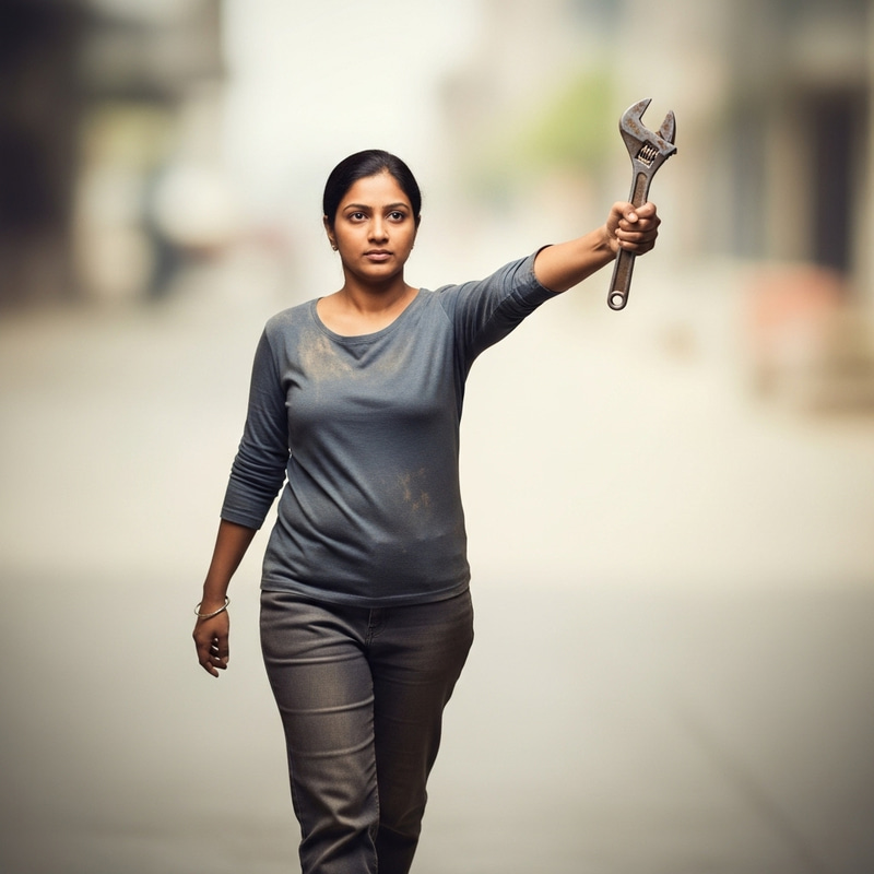 South Asian Woman Walking with High-Extended Arm and Wrench South Asian Woman Walking with High-Extended Arm and Wrench