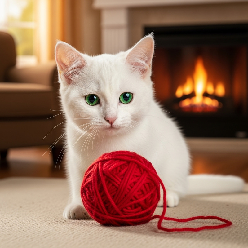 Adorable Cat Playing with Red Wool Ball