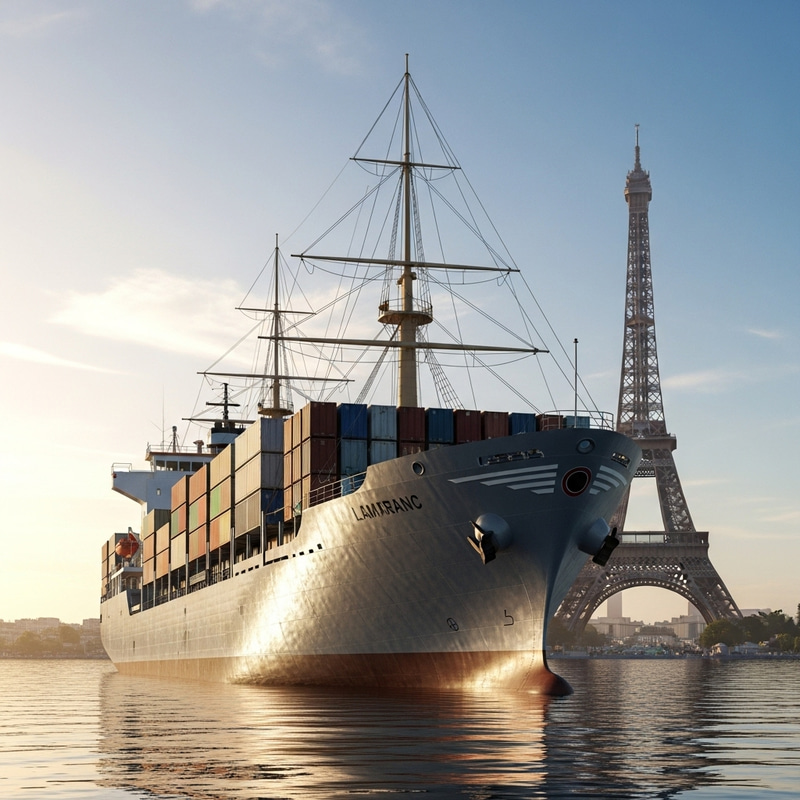 Intricate Da Vinci-style Container Ship Sailing to Eiffel Tower Intricate Da Vinci-style Container Ship Sailing to Eiffel Tower