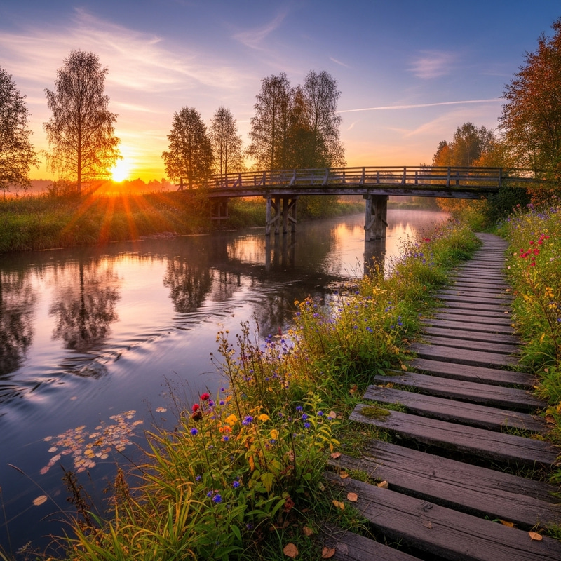 Serenity at Dusk: Enhance Scenic Wooden Bridge Landscape Serenity at Dusk: Enhance Scenic Wooden Bridge Landscape
