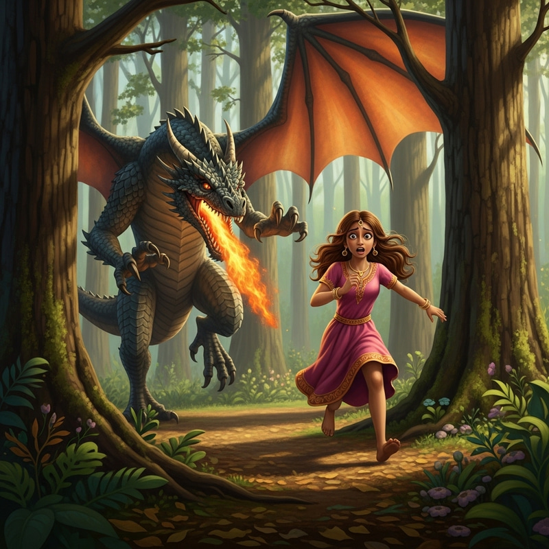 Brave Girl Escaping from a Terrifying Dragon Brave Girl Escaping from a Terrifying Dragon