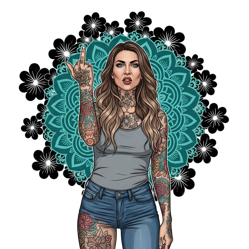 Caucasian Woman with Tattoos and Defiant Pose | Intricate Illustration Caucasian Woman with Tattoos and Defiant Pose | Intricate Illustration