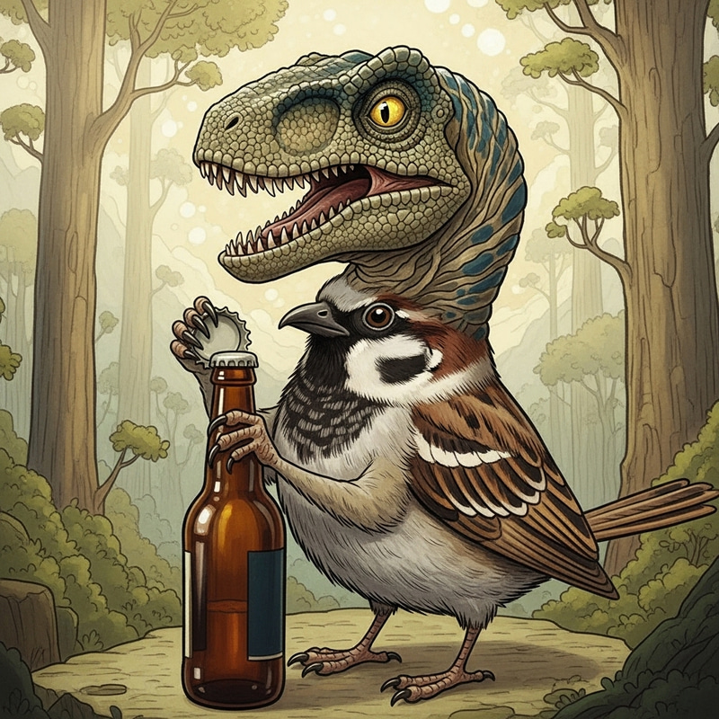 Dinosaur Sparrow Hybrid Beer Opener Illustration