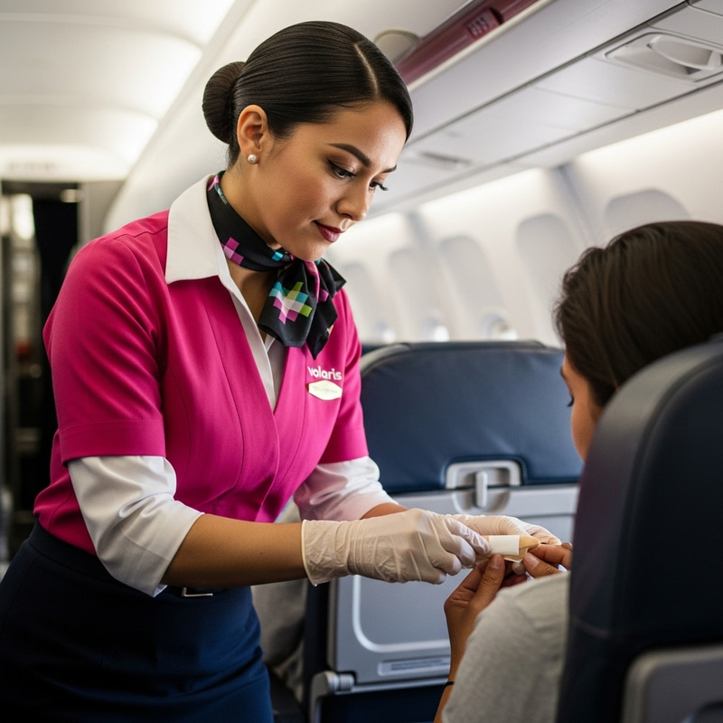 Volaris Flight Attendant in Pink Uniform Administering First Aid Volaris Flight Attendant in Pink Uniform Administering First Aid