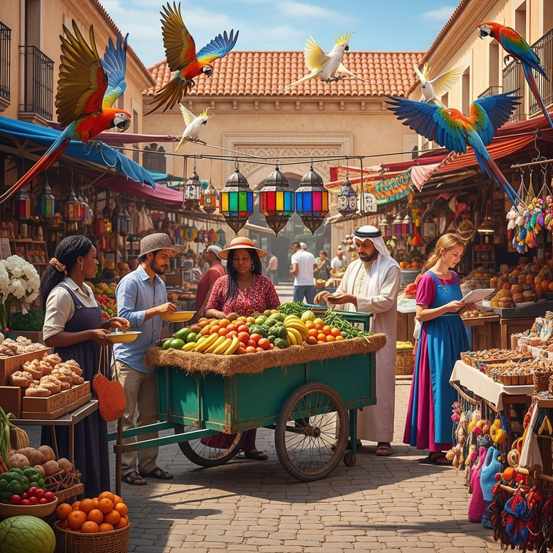 Bustling Multi-Cultural Market Scene | Diverse Vendors & Exotic Birds