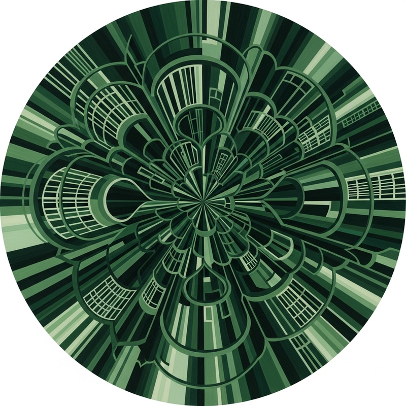 Mesmerizing Circular Abstract Art with Architectural Elements in Dark Green Shades