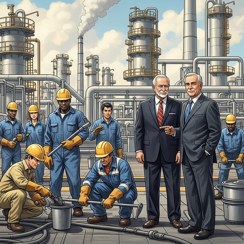 Bustling Industrial Scene: Diverse Oil Workers and Landlords Bustling Industrial Scene: Diverse Oil Workers and Landlords
