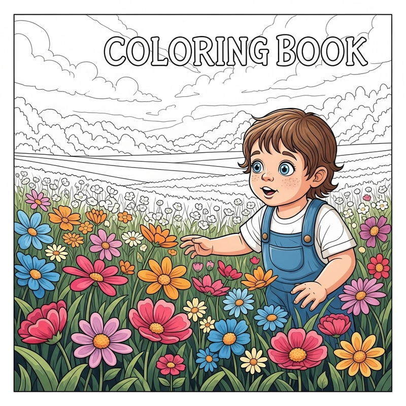 Young Child with Wide-Eyed Wonder in Flower Field Drawing Young Child with Wide-Eyed Wonder in Flower Field Drawing