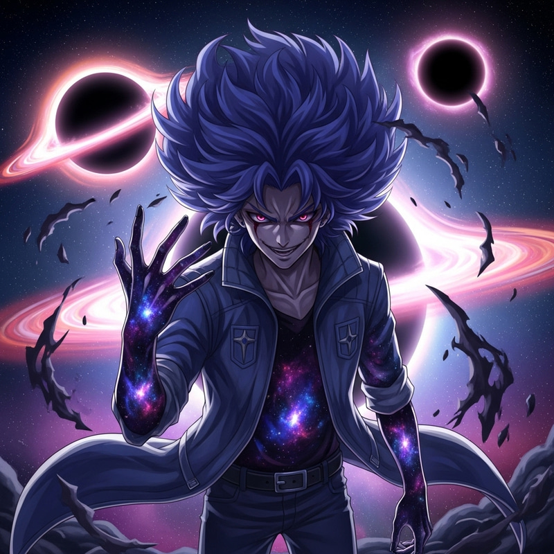 Enigmatic Young Man with Blue-Purple Galaxy Hair | Iridescent Universe