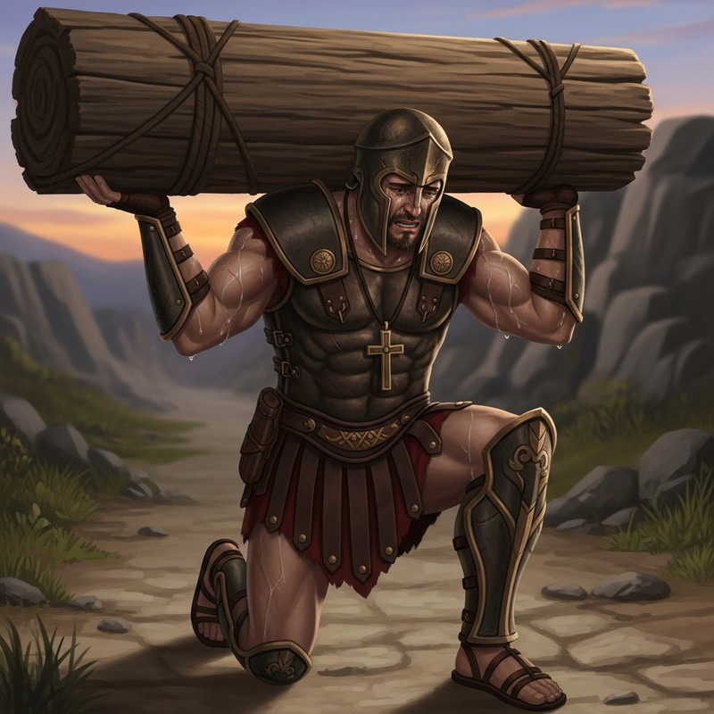 Heartbroken Warrior Kratos Carrying Cross in Sorrow Heartbroken Warrior Kratos Carrying Cross in Sorrow