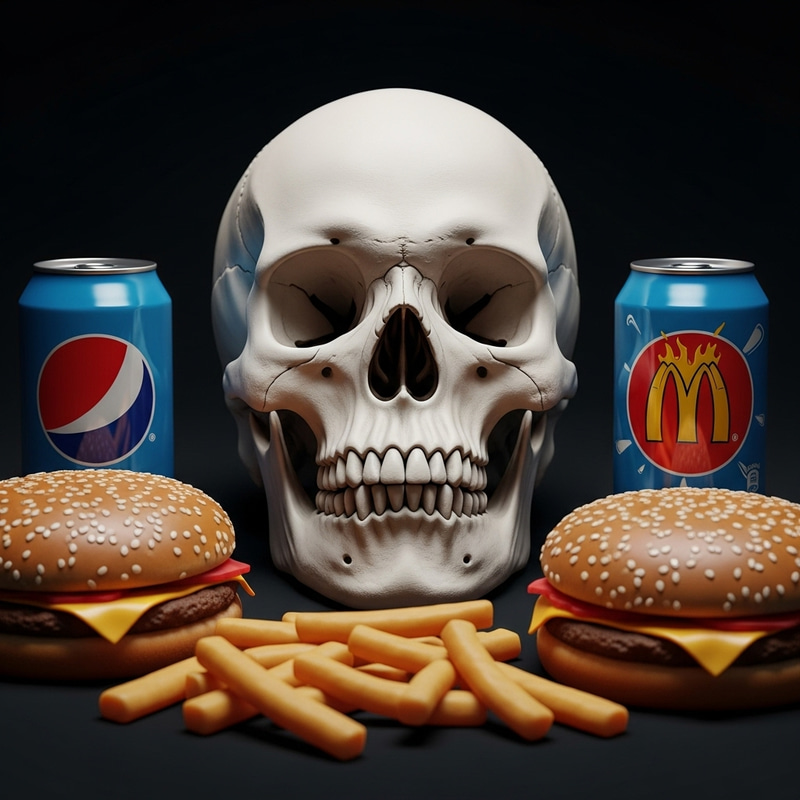 Skull Amid Unhealthy Food: A Contrast of Life and Death Skull Amid Unhealthy Food: A Contrast of Life and Death
