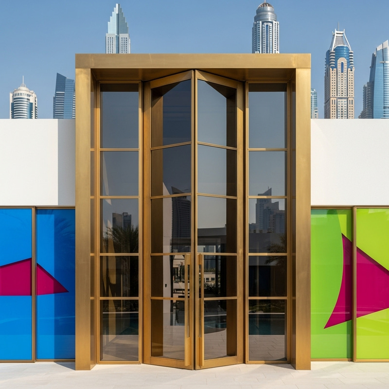 Brass and Smoked Glass Two-Story Tall Door in Dubai Villa Brass and Smoked Glass Two-Story Tall Door in Dubai Villa