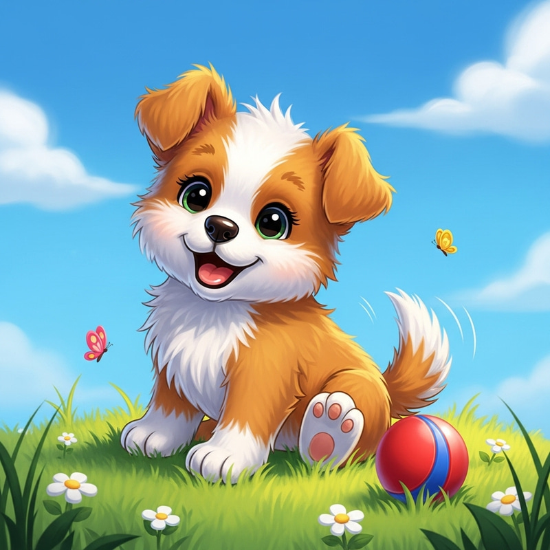Cheerful Cartoon Puppy Drawing | Fluffy Adorable Dog Art Cheerful Cartoon Puppy Drawing | Fluffy Adorable Dog Art