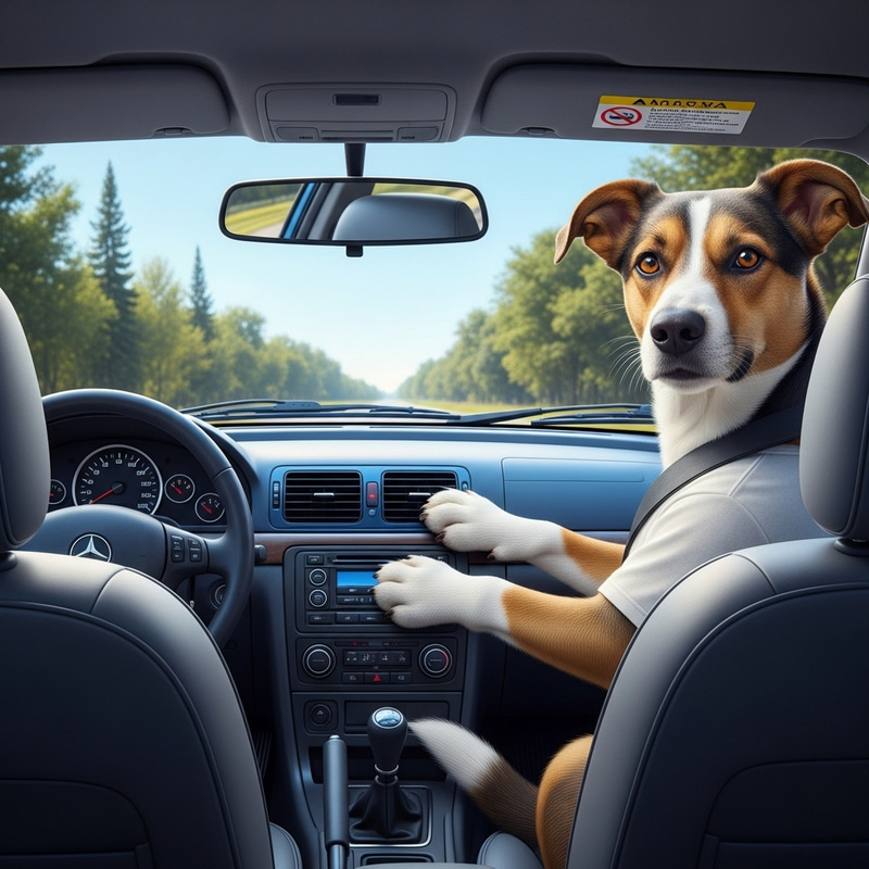Realistic Dog Driving Car | Mischievous Sparkle, Blue Dashboard Realistic Dog Driving Car | Mischievous Sparkle, Blue Dashboard