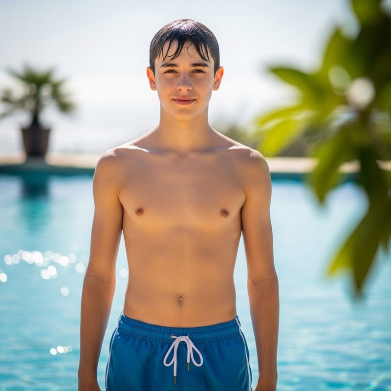 Fifteen-Year-Old Boy in Swim Trunks | Authentic Image Fifteen-Year-Old Boy in Swim Trunks | Authentic Image