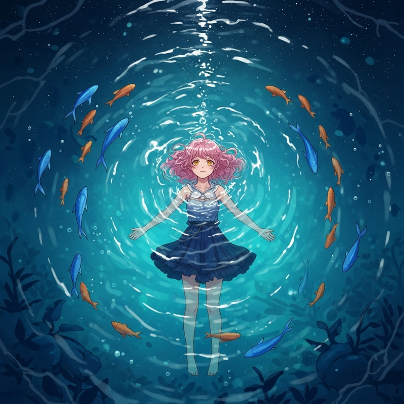 Captivating Cinematic Scene: Girl with Golden Eyes Floating in Serene Starlit Sea Captivating Cinematic Scene: Girl with Golden Eyes Floating in Serene Starlit Sea