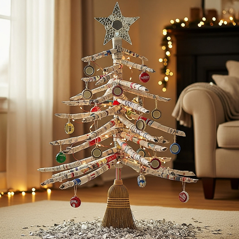 Recycled Christmas Tree with Newspaper Garland & Bottle Cap Ornaments