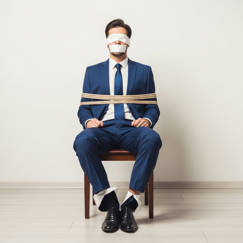 Mystery Man Tied Up in Elegant Suit, Blindfolded and Taped to Chair