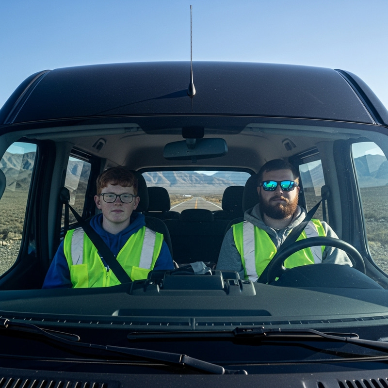 Boys in Black Van | Lime Green Reflective Vests | Redhead and Beard | Desert Landscape Boys in Black Van | Lime Green Reflective Vests | Redhead and Beard | Desert Landscape