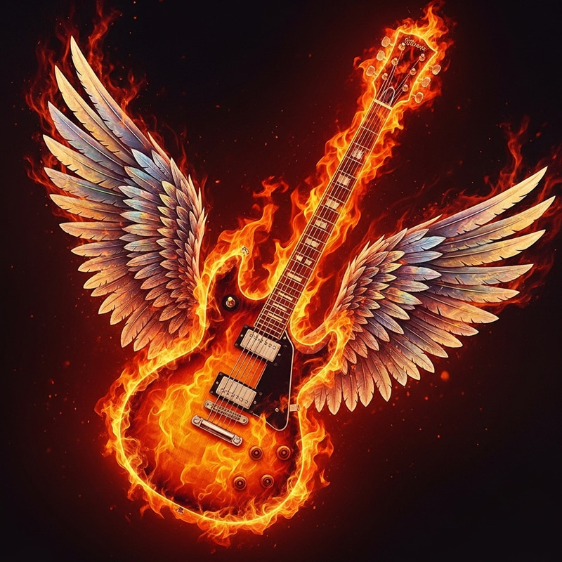 Flaming Guitar with Wings - Mystical Rock and Roll Fantasy Art Flaming Guitar with Wings - Mystical Rock and Roll Fantasy Art