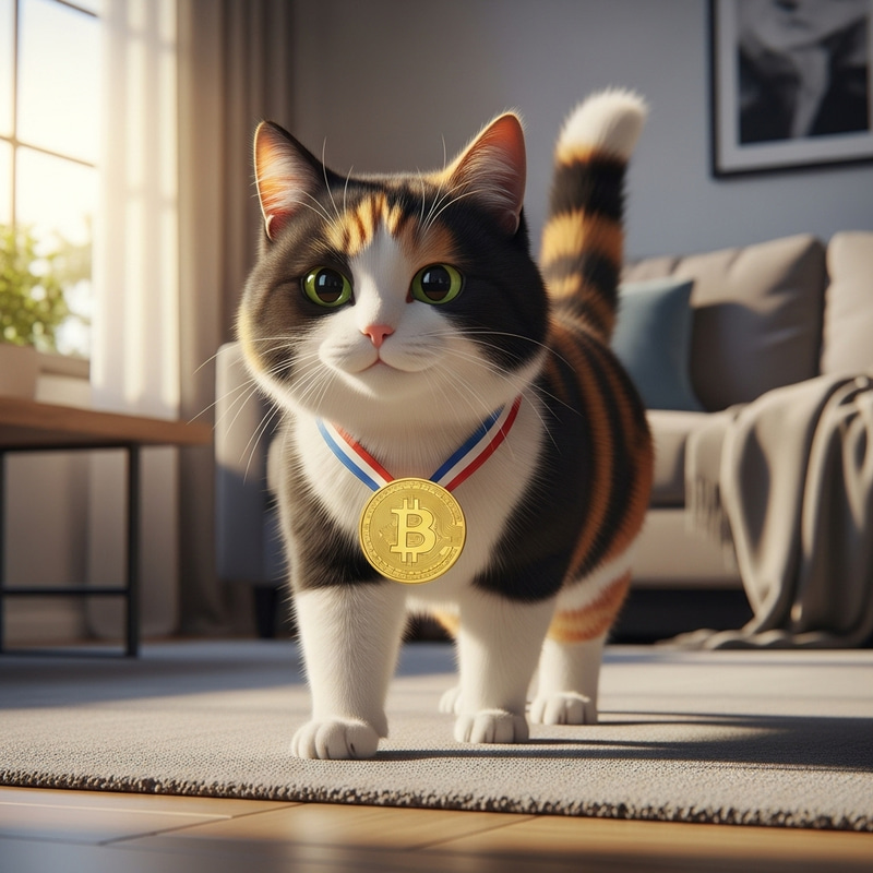 Calico Cat with Bitcoin Medal Prancing in Modern Living Room Calico Cat with Bitcoin Medal Prancing in Modern Living Room