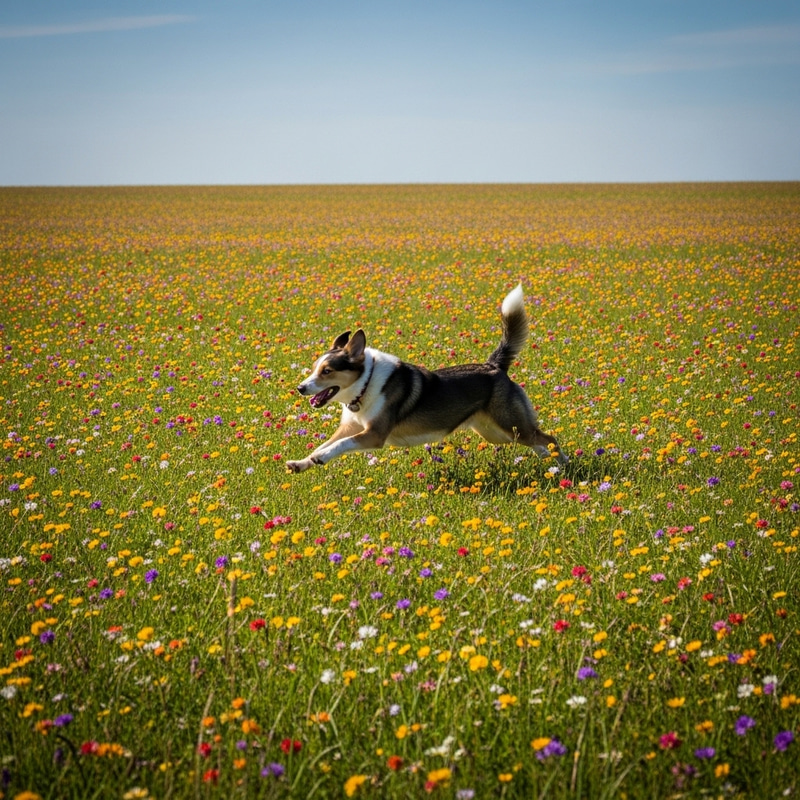Playful Dog Running in Vibrant Nature Field Playful Dog Running in Vibrant Nature Field