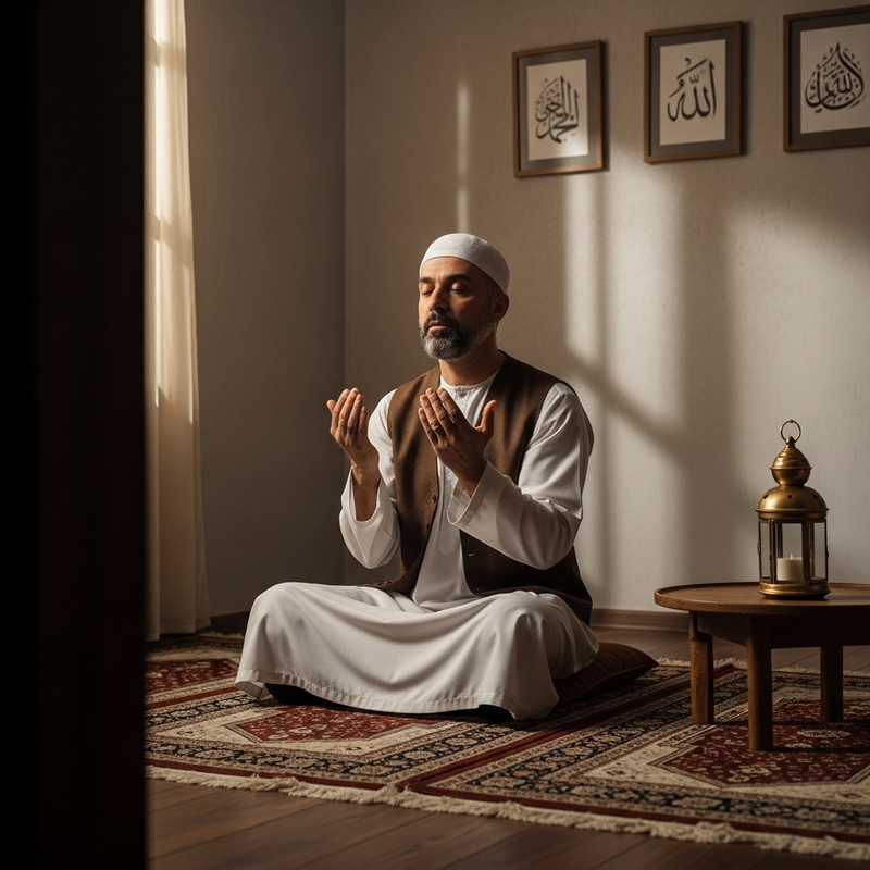 Muslim Man in Prayer on Carpet with Raised Hands Muslim Man in Prayer on Carpet with Raised Hands