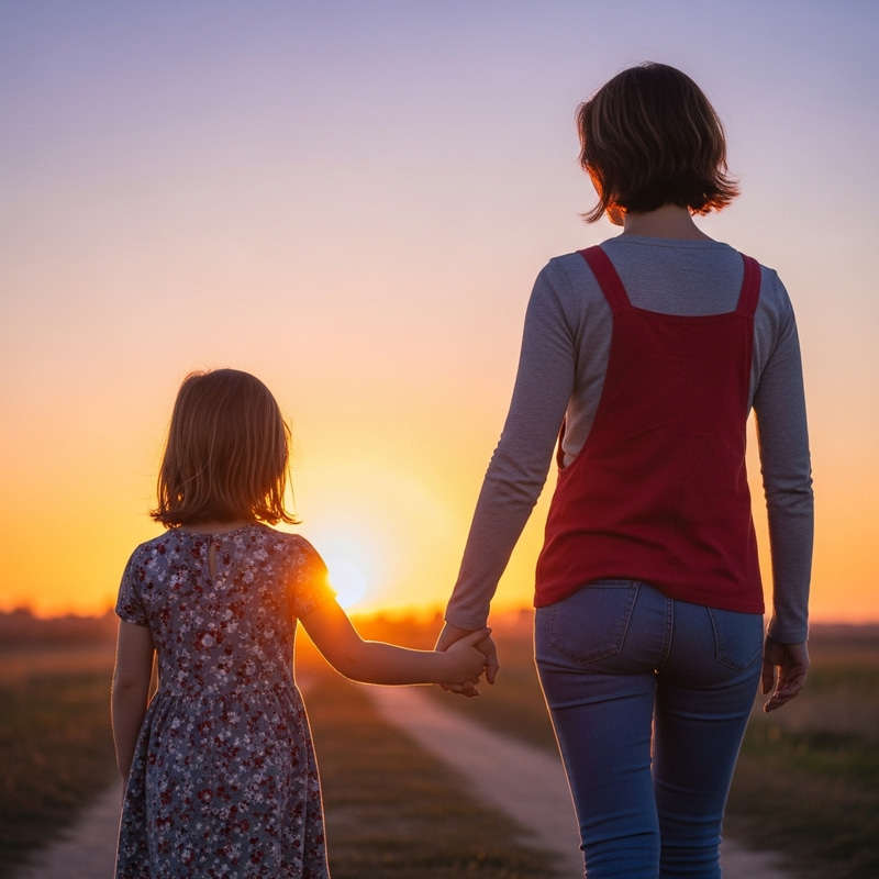 Caucasian Girl & Mother Holding Hands at Sunset | Strong Bonding Moment