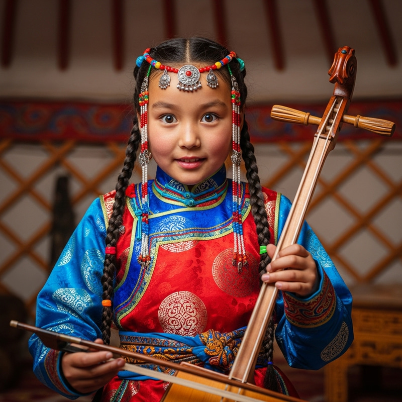 Ten-Year-Old Mongolian Girl - Front View | Traditional Attire & Musical Instrument Ten-Year-Old Mongolian Girl - Front View | Traditional Attire & Musical Instrument