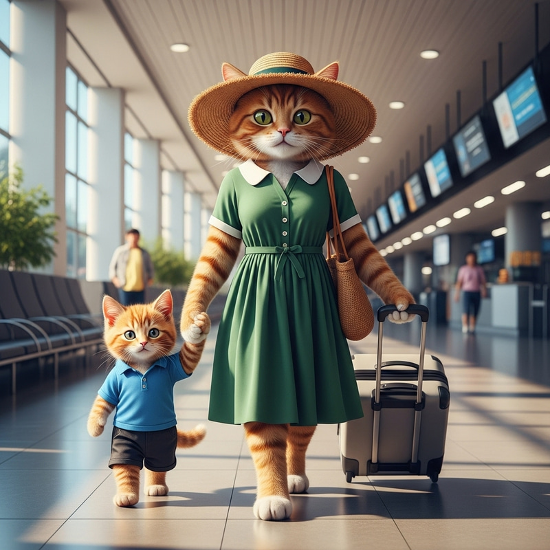Ginger Cat and Kitten Traveling in Style - Realistic Artwork Ginger Cat and Kitten Traveling in Style - Realistic Artwork