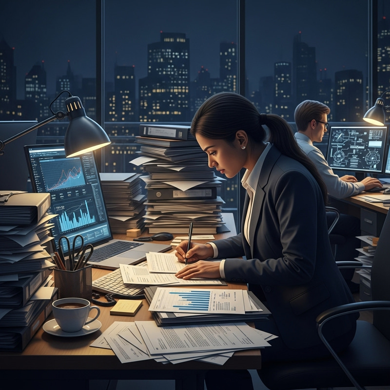 Overworked South Asian Female and Caucasian Male at Office Scene Overworked South Asian Female and Caucasian Male at Office Scene