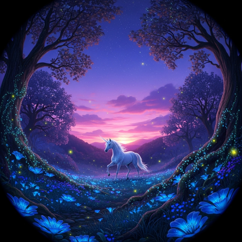 Mystical Twilight Forest with Majestic Unicorn Art Mystical Twilight Forest with Majestic Unicorn Art