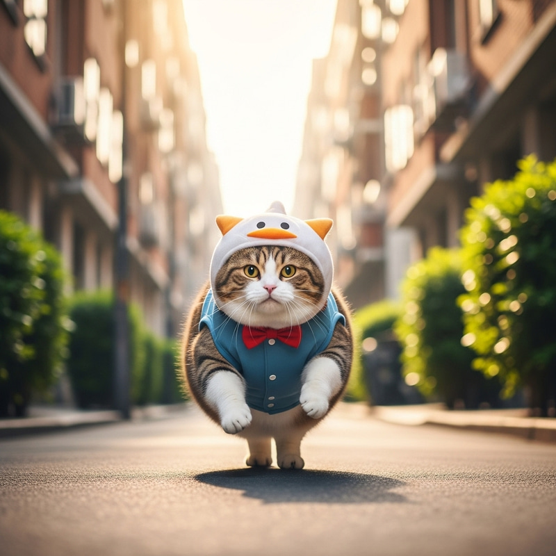 Charming Obese Cat Running in Urban Street | Costume Joy