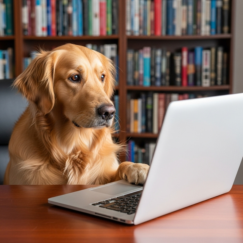 Golden Retriever Dog with Laptop on Desk Golden Retriever Dog with Laptop on Desk
