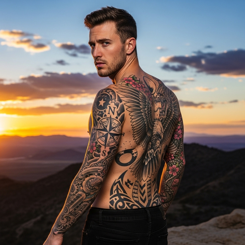 Muscular Man Displaying Intriguing Body Art