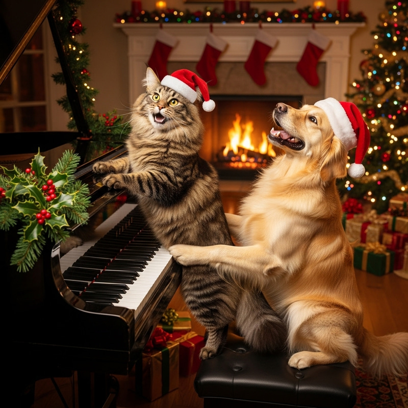 Happy Norwegian Cat and Golden Retriever in Festive Hats Playing Piano Happy Norwegian Cat and Golden Retriever in Festive Hats Playing Piano