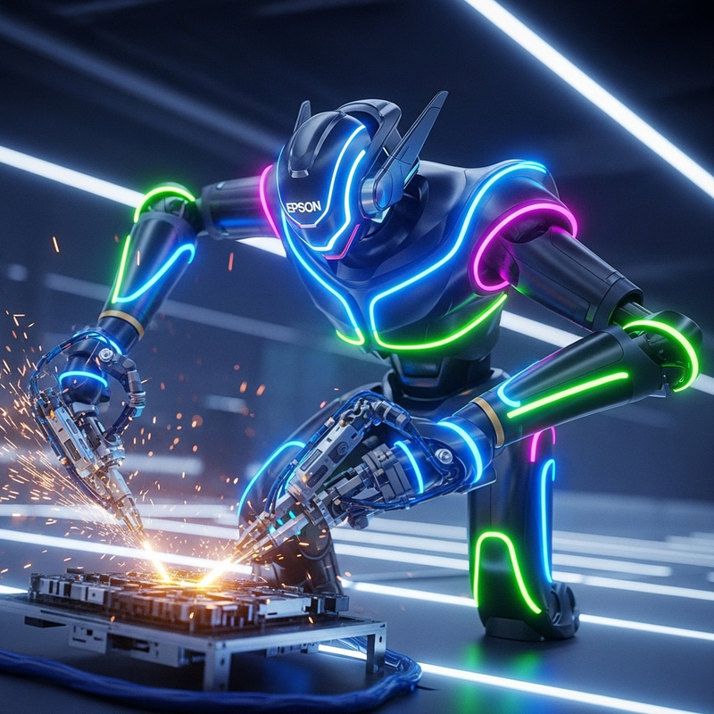 Epson Robot in Action: Vibrant Colors & Futuristic Design Epson Robot in Action: Vibrant Colors & Futuristic Design