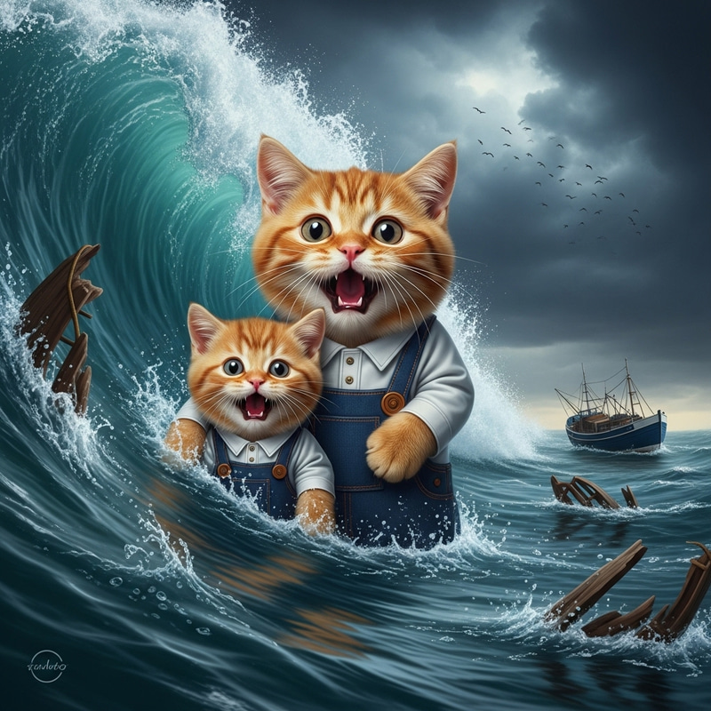 Adorable Scottish Redhead Cat and Kitten Overwhelmed by Sea Wave Adorable Scottish Redhead Cat and Kitten Overwhelmed by Sea Wave