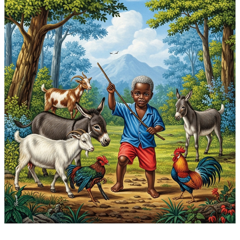 Detailed Close-Up Illustration of Haitian Boy with Graying Hair Playing in the Woods with Animals